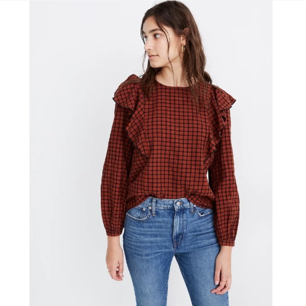 NWT Madewell Ruffle-Front Top in Plaid, Size XS.